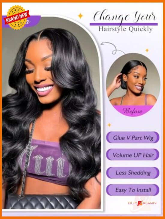 200% Density V Part Wig Human Hair Body Wave No Glue Drawstring